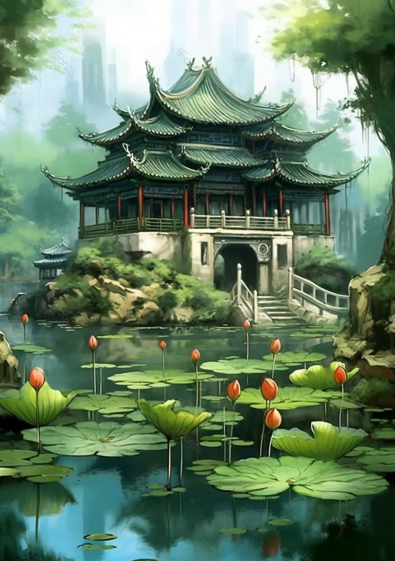 绿色夏日荷塘清新插画背景,插画/手绘图,插画/手绘图库,插画/手绘图下载,插画/手绘